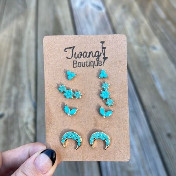 Jewelry - Teal Stars and Moon Stud Earring Set